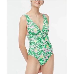 J. Crew Factory V-neck Ruched One-piece Pink and Green Floral Swimsuit- 2X